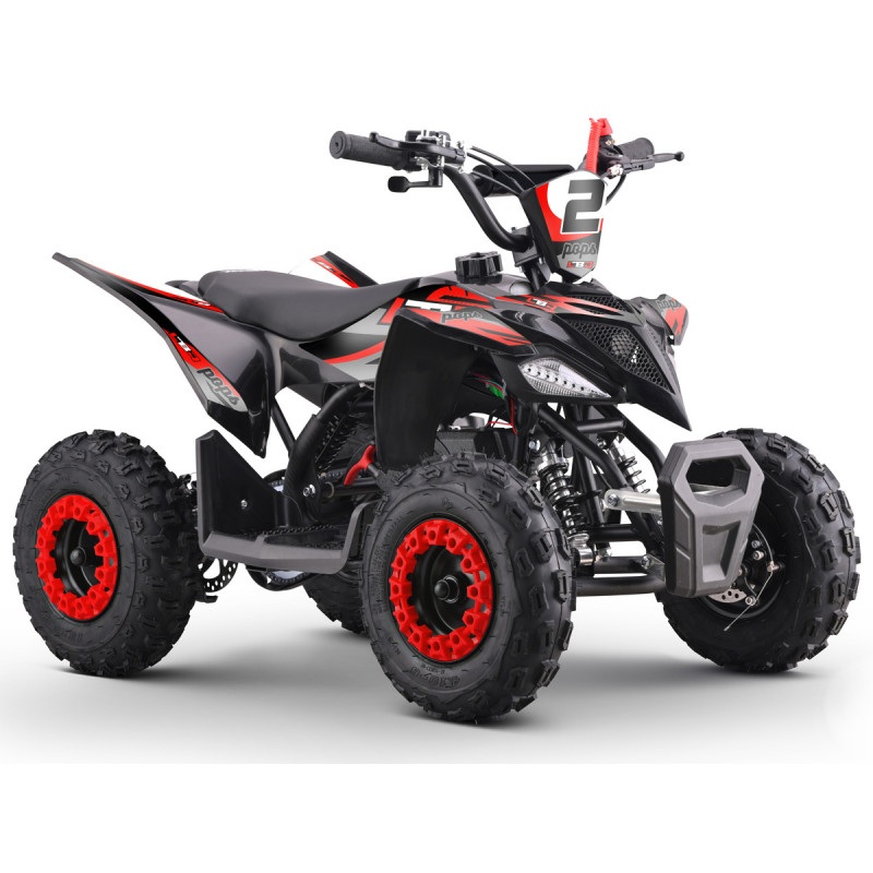 Vue d'ensemble quad enfant LBQ POPS 50cc rouge équipé suspensions avant arrière